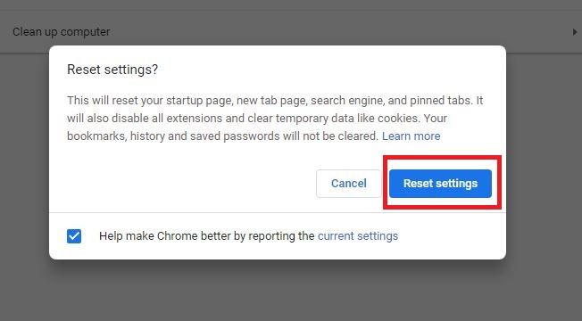 Click on Reset settings to reset Google Chrome Browser